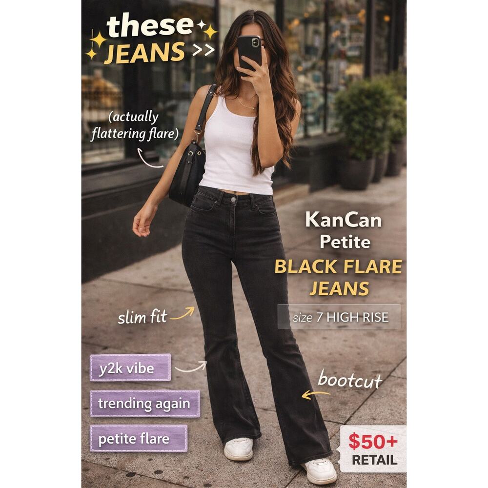 Kancan Petite Black Flare Jeans S 7/27 High Rise Stretch Slim Bootcut Clean Hem